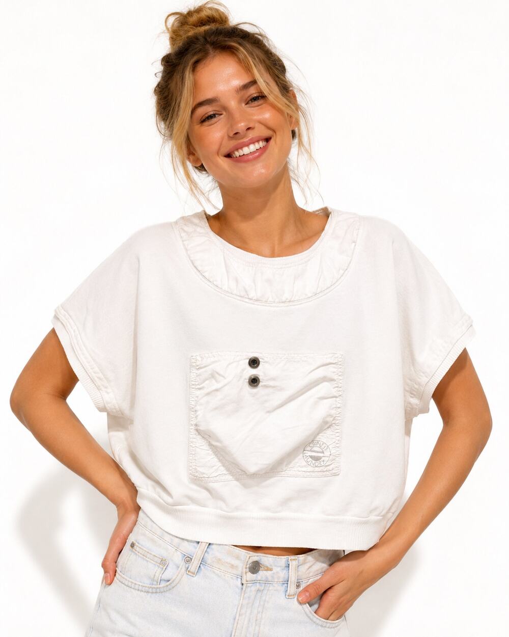 Vintage 80s Chinese Laundry White Cropped Sweatshirt Boxy Cotton Top